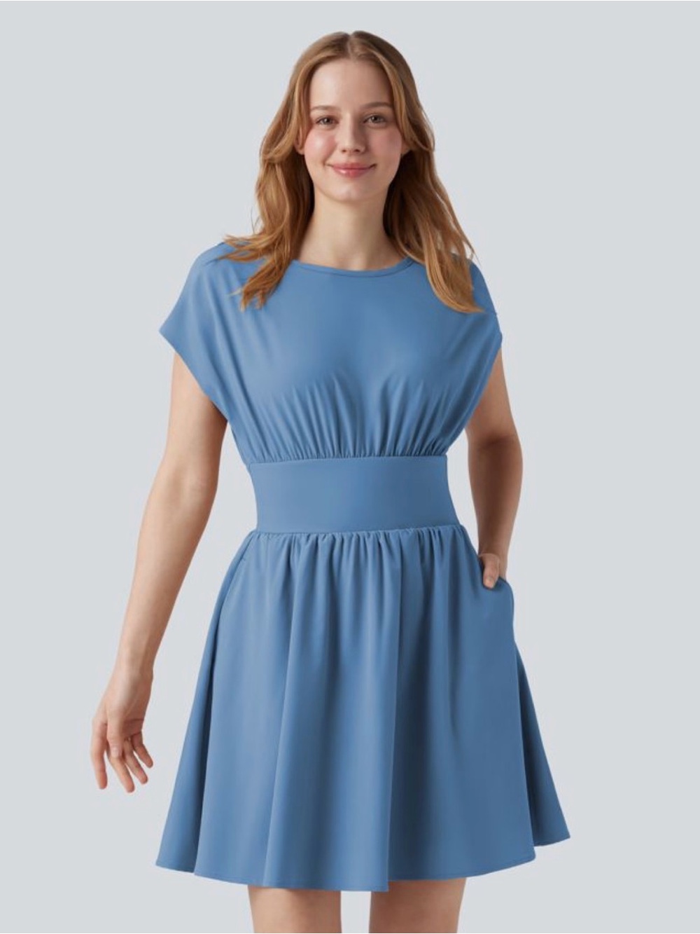 Halara Breezeful™ Batwing Short Sleeve Flowy Quick Dry Mini Blue Lined Dress Med
